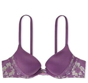 Victoria’s Secret Body By Victoria Bra 38DD Purple Silver Lace Push Up Underwire